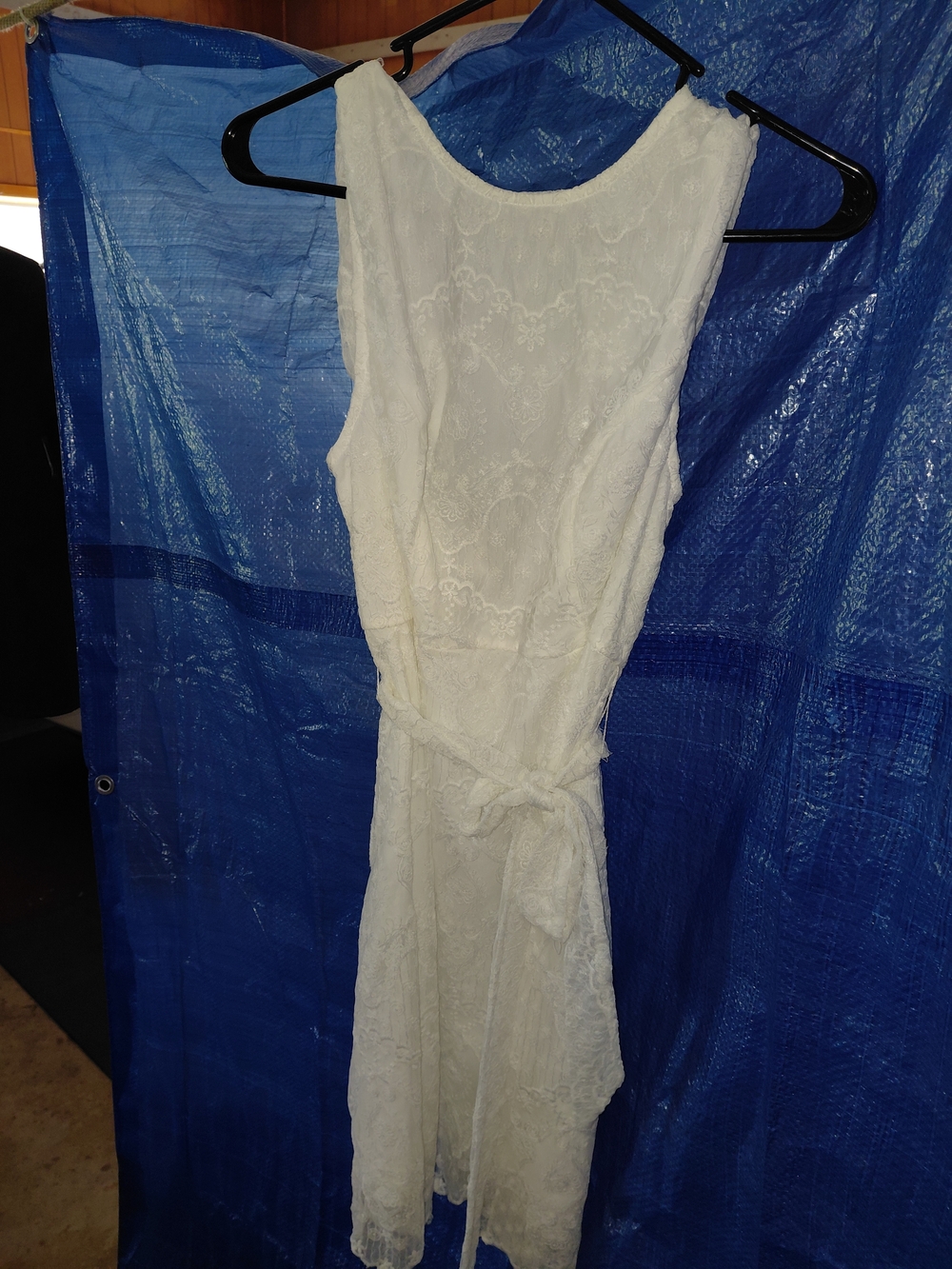 Sleeveless White Lace Midi Dress with Self-Tie Waist